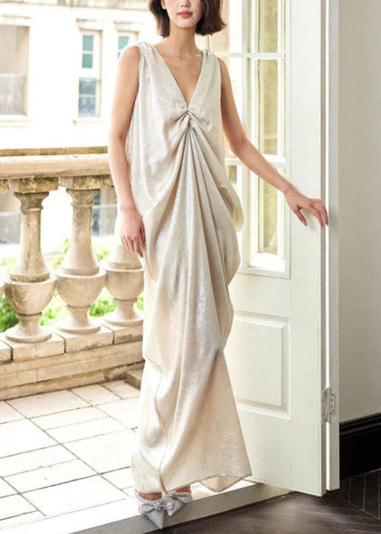 Novelty Dress Sleeveless Maxi Neck Pockets Wrinkled Cotton V FashionChic