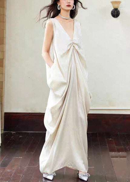 Novelty Dress Sleeveless Maxi Neck Pockets Wrinkled Cotton V FashionChic