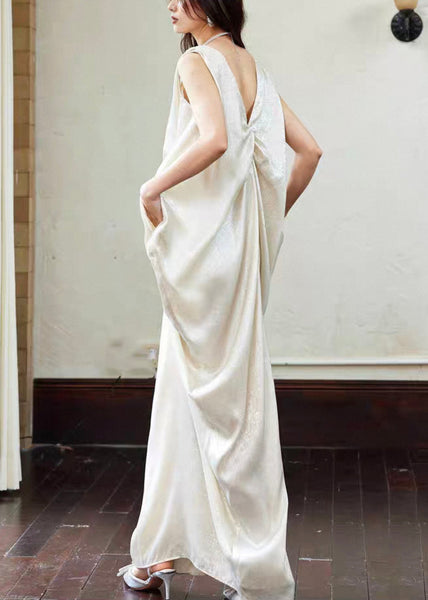 Novelty Dress Sleeveless Maxi Neck Pockets Wrinkled Cotton V FashionChic