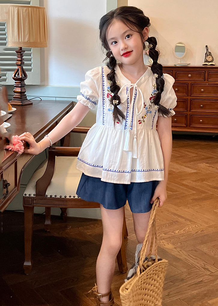 Novelty White Embroideried Patchwork Lace Tie Kids Shirt And Shorts Two Pieces Set Summer SS1031 MM-RCTZ-TPGIEC240601