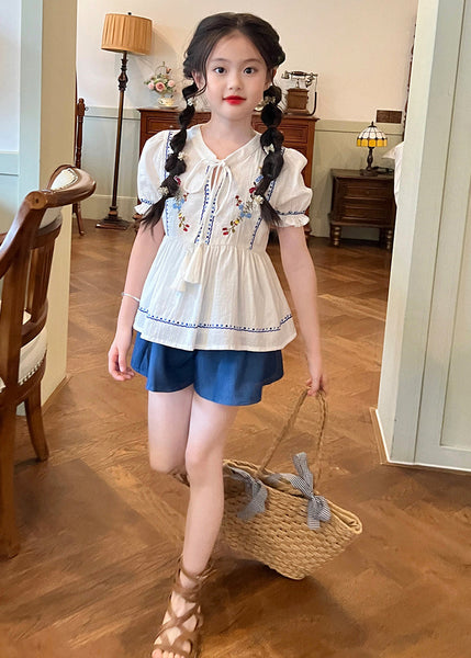 Novelty White Embroideried Patchwork Lace Tie Kids Shirt And Shorts Two Pieces Set Summer SS1031 MM-RCTZ-TPGIEC240601