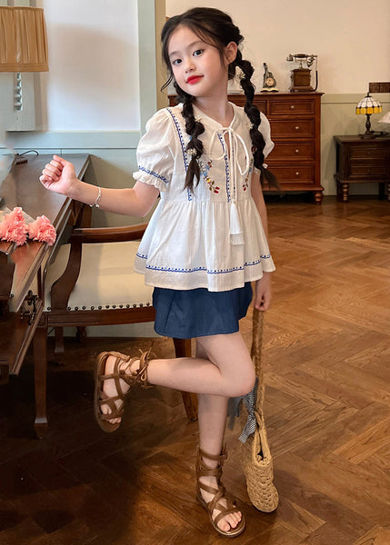 Novelty White Embroideried Patchwork Lace Tie Kids Shirt And Shorts Two Pieces Set Summer SS1031 MM-RCTZ-TPGIEC240601