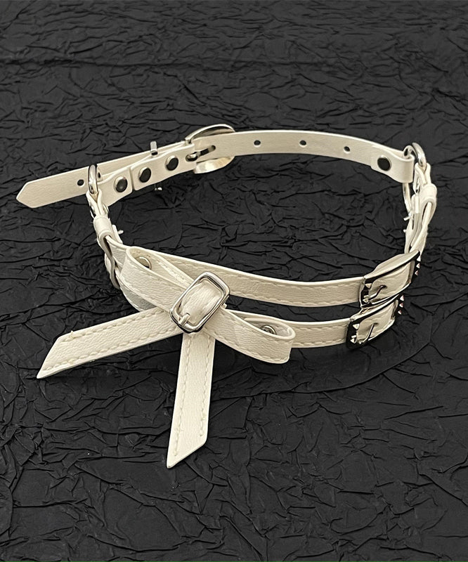 Novelty White Leather Patchwork Stainless Steel Bow Choker YR015 ABC