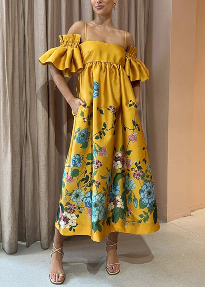 Novelty Yellow Print Pockets Cotton Spaghetti Strap Dress Flare Sleeve FF096 SH-LF-SDL240603