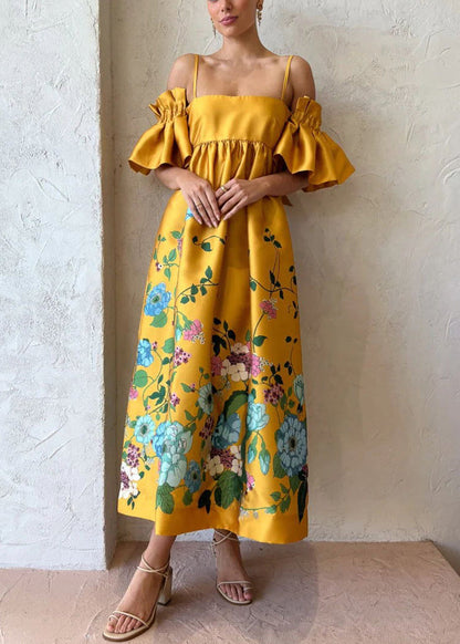 Novelty Yellow Print Pockets Cotton Spaghetti Strap Dress Flare Sleeve FF096 SH-LF-SDL240603