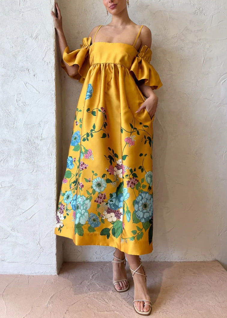 Novelty Yellow Print Pockets Cotton Spaghetti Strap Dress Flare Sleeve FF096 SH-LF-SDL240603