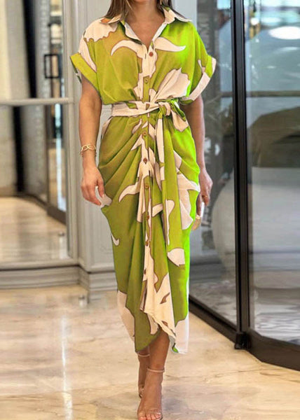 Cotton Summer Yellow Tie Novelty Dress Print Waist Shirts FashionChic