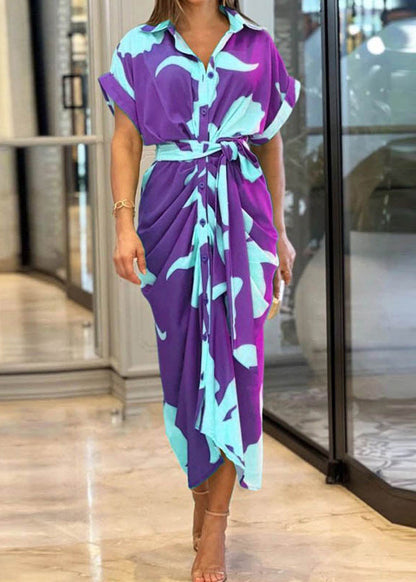 Cotton Summer Yellow Tie Novelty Dress Print Waist Shirts FashionChic