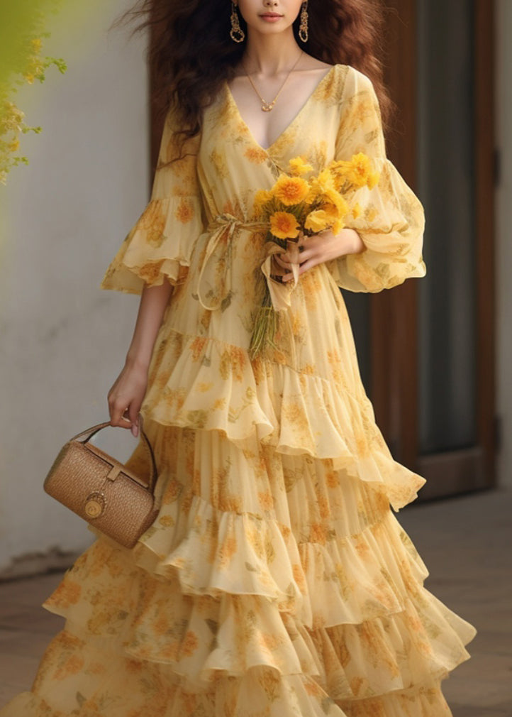 Novelty Yellow Ruffled Print Tie Waist Chiffon Dresses Summer KJ025 ZS-SDL240715