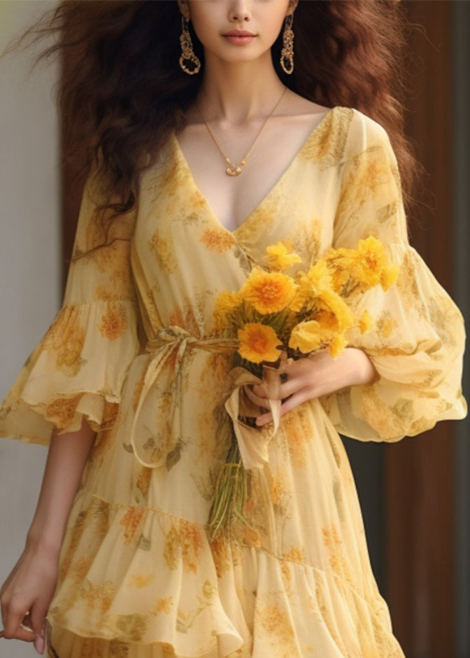 Novelty Yellow Ruffled Print Tie Waist Chiffon Dresses Summer KJ025 ZS-SDL240715