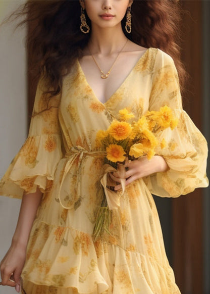 Novelty Yellow Ruffled Print Tie Waist Chiffon Dresses Summer KJ025 ZS-SDL240715