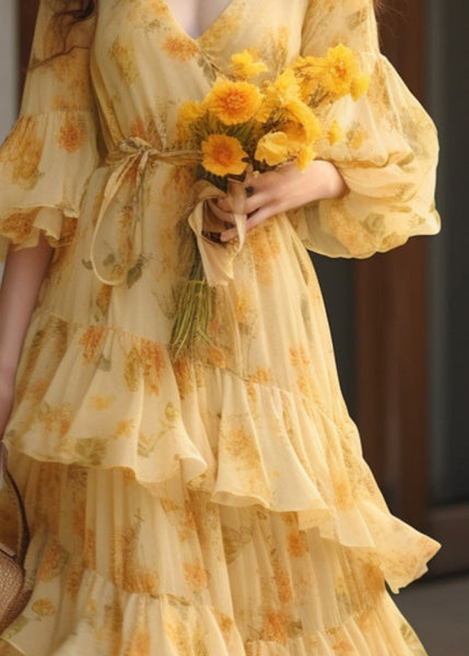 Novelty Yellow Ruffled Print Tie Waist Chiffon Dresses Summer KJ025 ZS-SDL240715