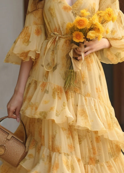 Novelty Yellow Ruffled Print Tie Waist Chiffon Dresses Summer KJ025 ZS-SDL240715