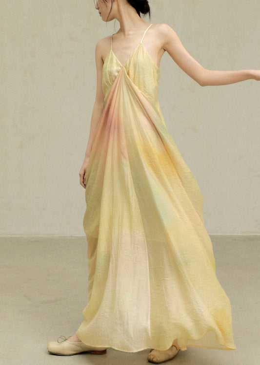 Dye Cotton Strap Novelty Spaghetti Dress Wrinkled Yellow Tie FashionChic