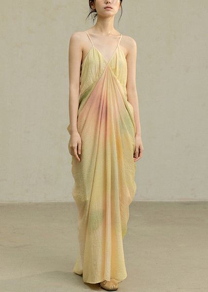 Dye Cotton Strap Novelty Spaghetti Dress Wrinkled Yellow Tie FashionChic