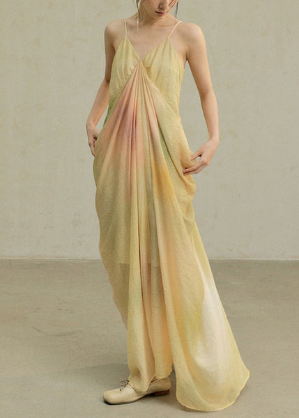 Dye Cotton Strap Novelty Spaghetti Dress Wrinkled Yellow Tie FashionChic