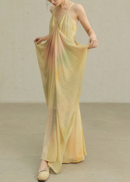 Dye Cotton Strap Novelty Spaghetti Dress Wrinkled Yellow Tie FashionChic