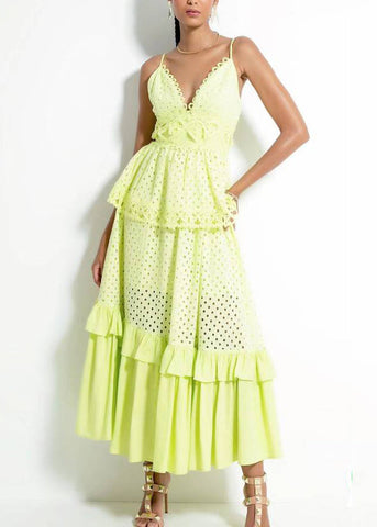 Novelty Yellow V Neck Hollow Out Cotton Spaghetti Strap Dress Sleeveless WW1053 Ada Fashion