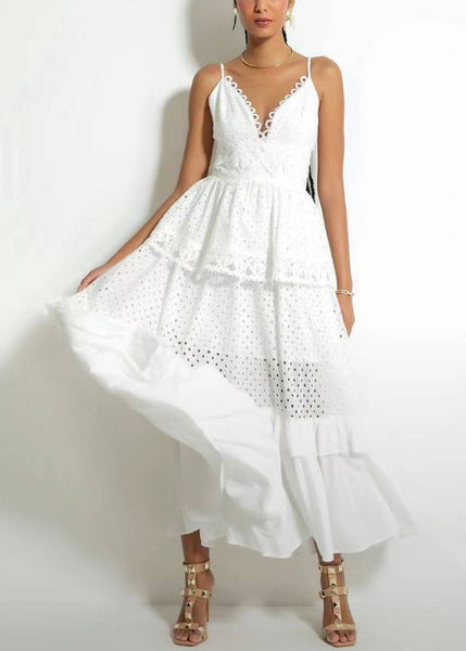 Novelty Yellow V Neck Hollow Out Cotton Spaghetti Strap Dress Sleeveless WW1053 Ada Fashion