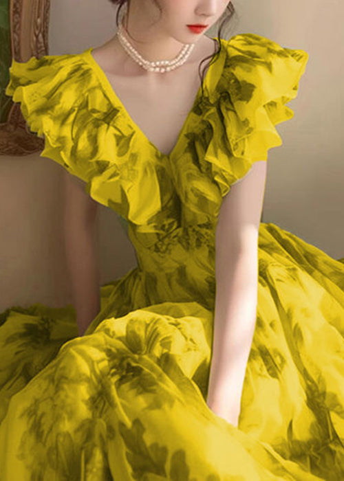 Novelty Yellow V Neck Print High Waist Dresses Sleeveless QT055 OL-SDL241001