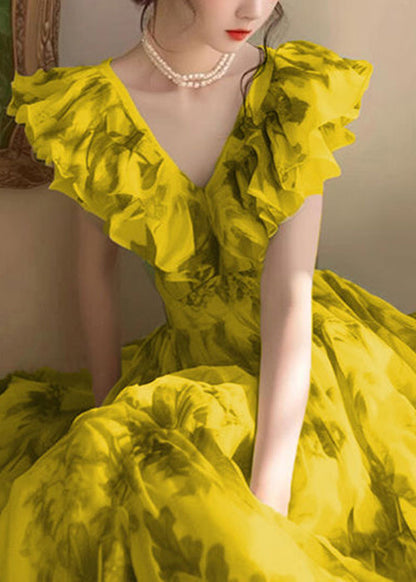 Novelty Yellow V Neck Print High Waist Dresses Sleeveless QT055 OL-SDL241001