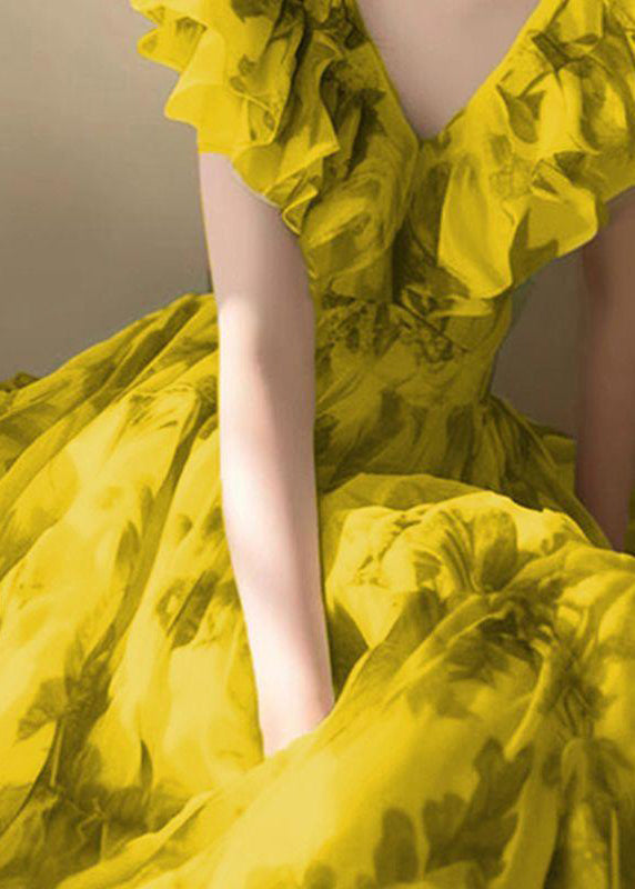 Novelty Yellow V Neck Print High Waist Dresses Sleeveless QT055 OL-SDL241001