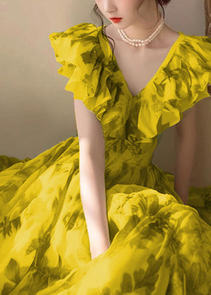 Novelty Yellow V Neck Print High Waist Dresses Sleeveless QT055 OL-SDL241001