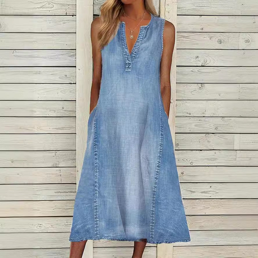 Plain V Neck Casual Denim Dress YY60 bronxriverempiregardens