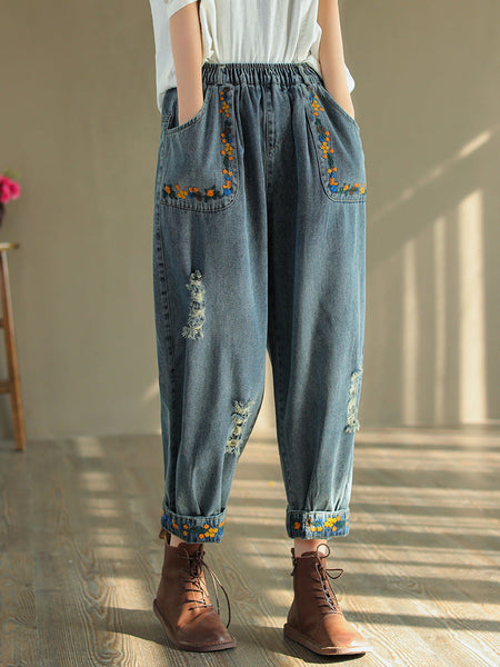 Vintage Ripped Embroidered Denim Harem Pants OP1025 QXH
