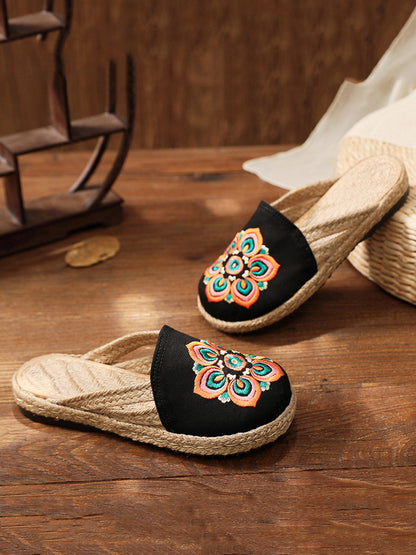 Women Summer Ethnic Flower Embroidert Straw Slippers II1017 TCXY