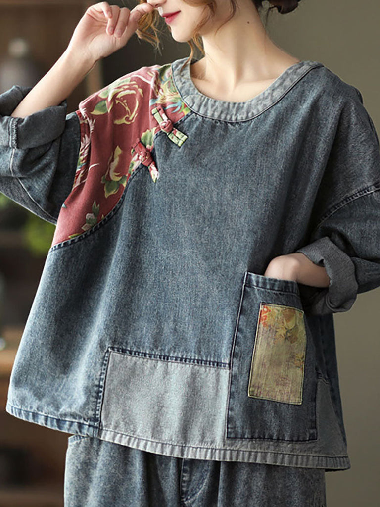 Plus Size Women Retro Stitching Patchwork Print Floral Denim Sweatshirt SC1032 Ada Fashion