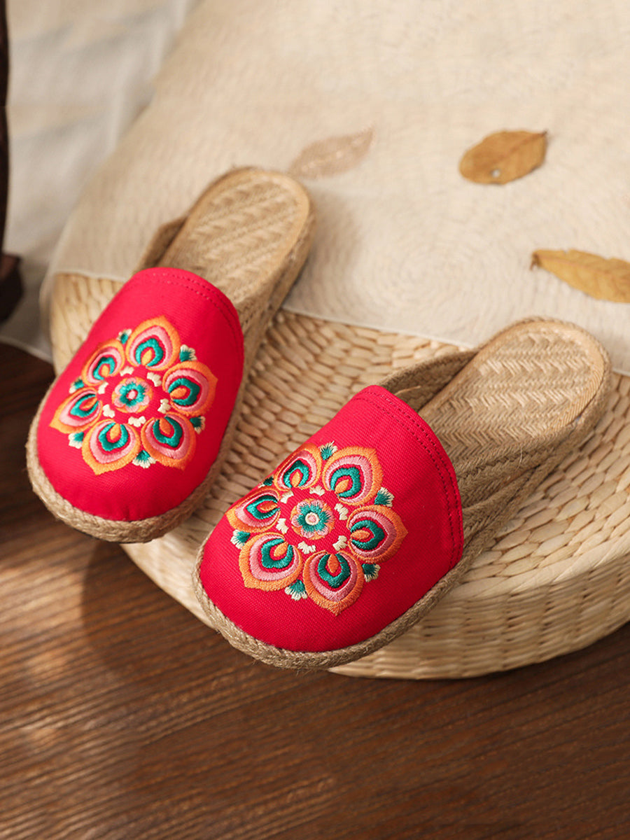 Women Summer Ethnic Flower Embroidert Straw Slippers II1017 TCXY