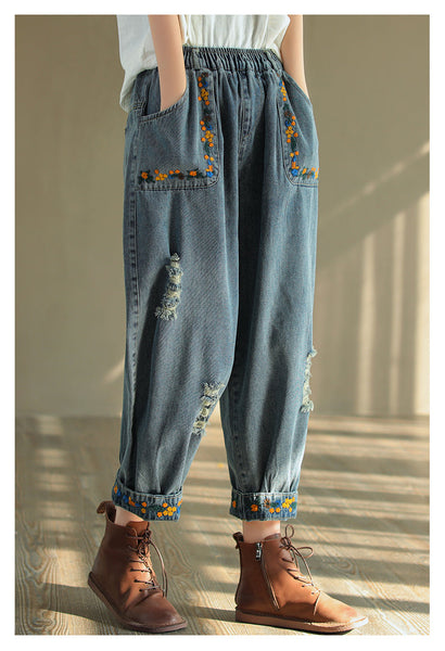 Vintage Ripped Embroidered Denim Harem Pants OP1025 QXH
