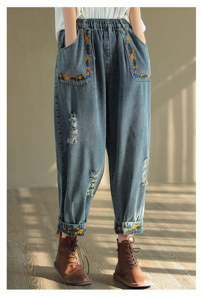 Vintage Ripped Embroidered Denim Harem Pants OP1025 QXH