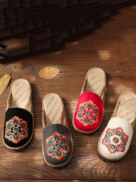 Women Summer Ethnic Flower Embroidert Straw Slippers II1017 TCXY