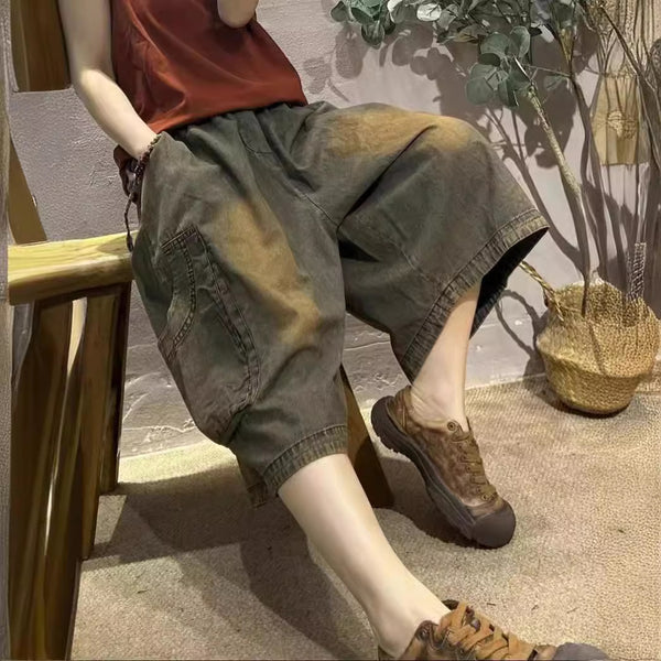 Women Summer Retro Frayed Denim Spliced Bloomers HH012 BUYKUD