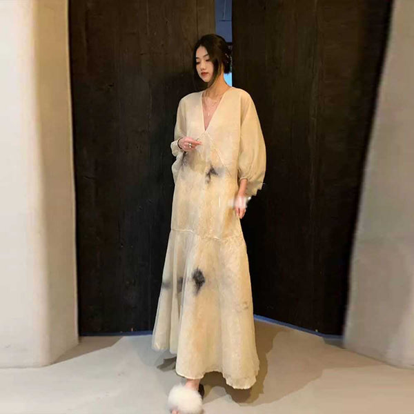 Original Design V Neck Print Patchwork Cotton Dresses Lantern Sleeve WW1001 Ada Fashion