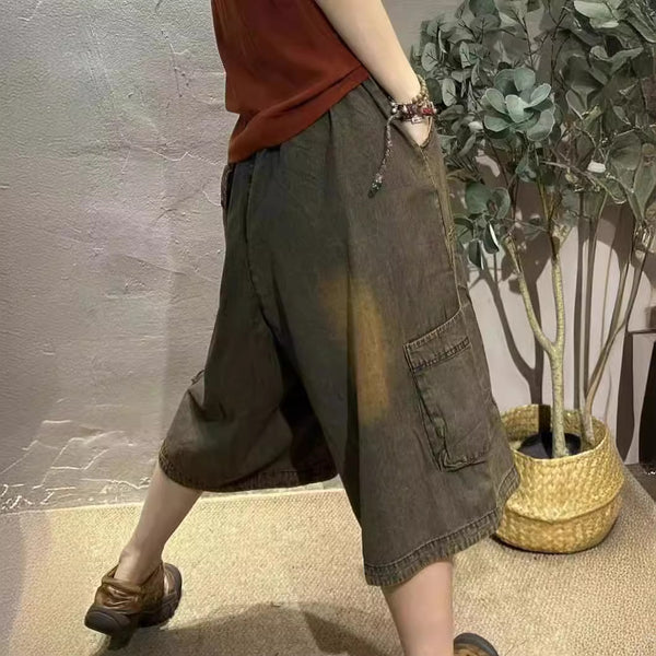 Women Summer Retro Frayed Denim Spliced Bloomers HH012 BUYKUD