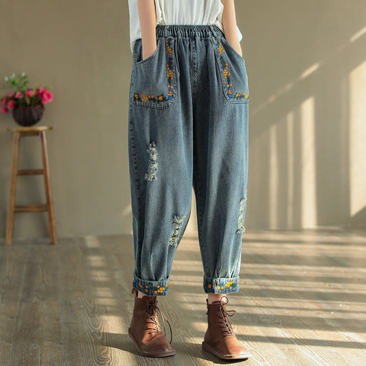 Vintage Ripped Embroidered Denim Harem Pants OP1025 QXH