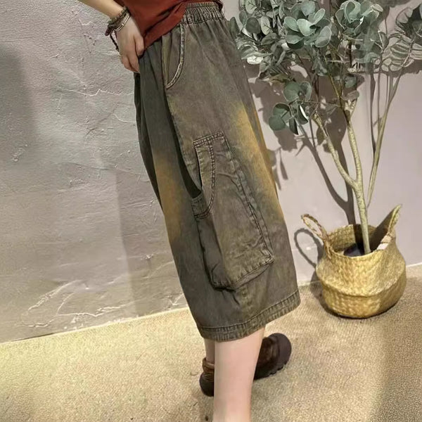 Women Summer Retro Frayed Denim Spliced Bloomers HH012 BUYKUD