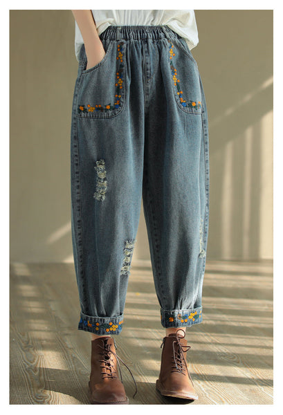 Vintage Ripped Embroidered Denim Harem Pants OP1025 QXH