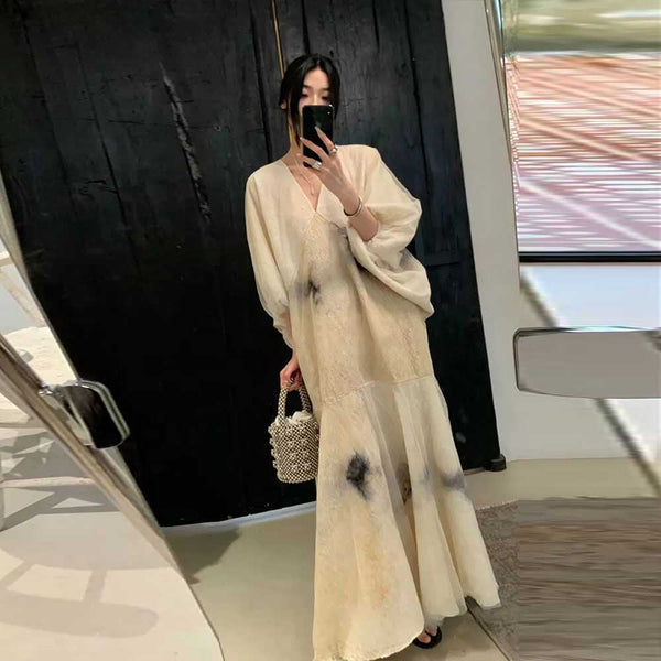 Original Design V Neck Print Patchwork Cotton Dresses Lantern Sleeve WW1001 Ada Fashion