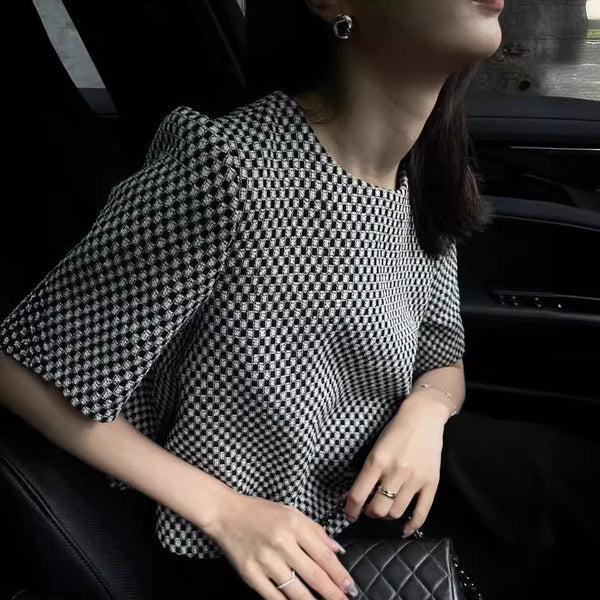 French Plaid O Neck Cotton T Shirts Short Sleeve GH1006 Ada Fashion