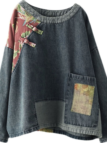 Plus Size Women Retro Stitching Patchwork Print Floral Denim Sweatshirt SC1032 Ada Fashion