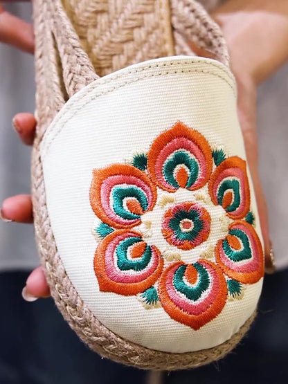 Women Summer Ethnic Flower Embroidert Straw Slippers II1017 TCXY