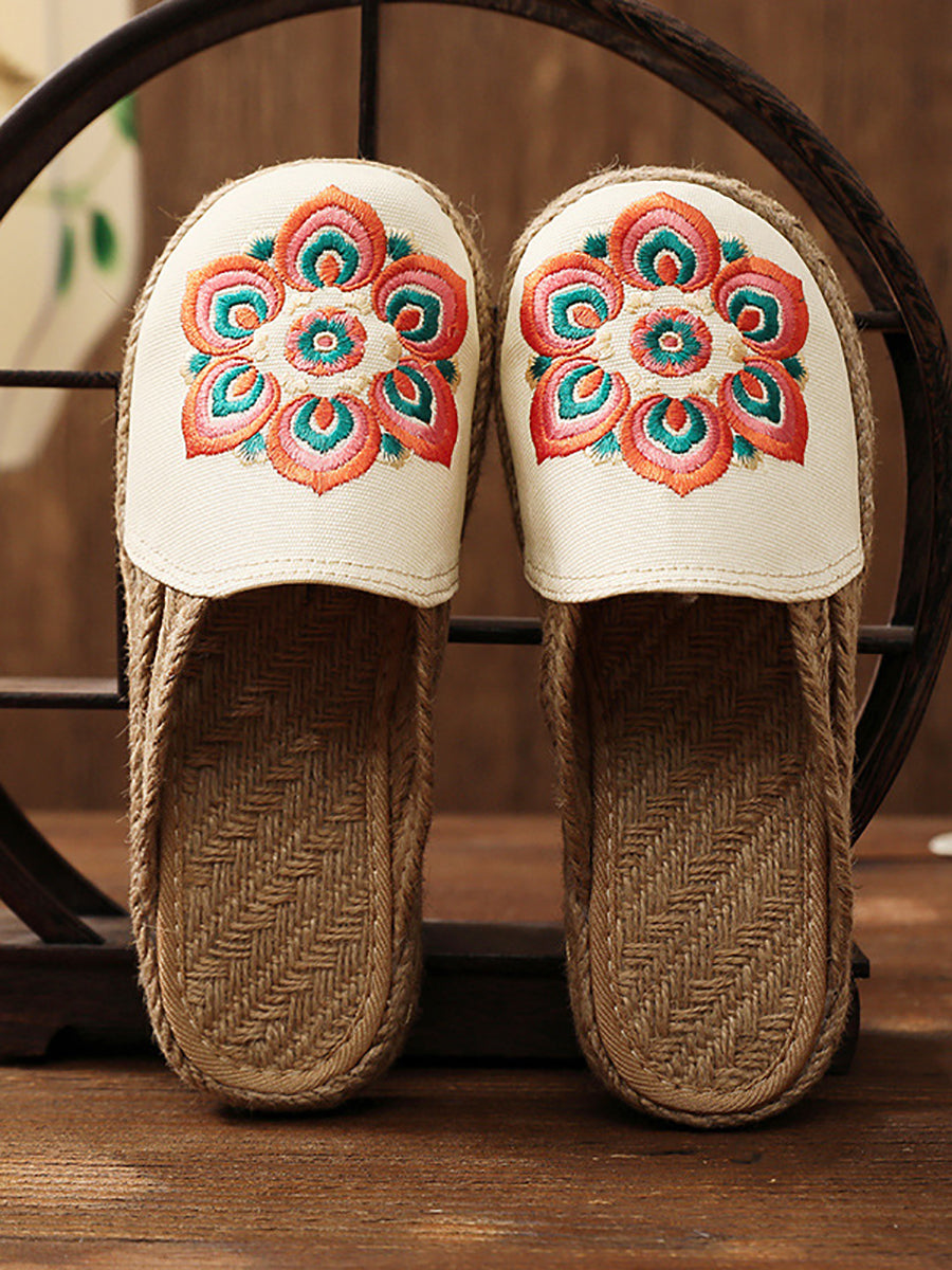 Women Summer Ethnic Flower Embroidert Straw Slippers II1017 TCXY