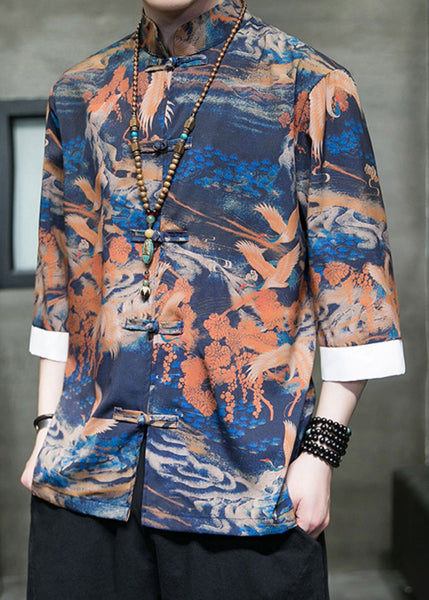 Orange Button Ice Silk Mens Shirt Stand Collar Fall YT087 Men-Silk-MENLTP240721