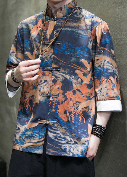 Orange Button Ice Silk Mens Shirt Stand Collar Fall YT087 Men-Silk-MENLTP240721