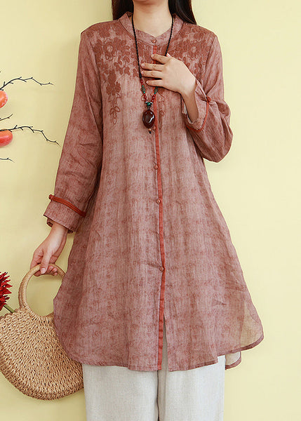 Linen O-Neck Shirts Loose Button Fall Orange FashionChic