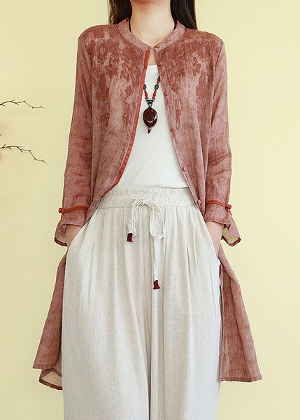 Linen O-Neck Shirts Loose Button Fall Orange FashionChic